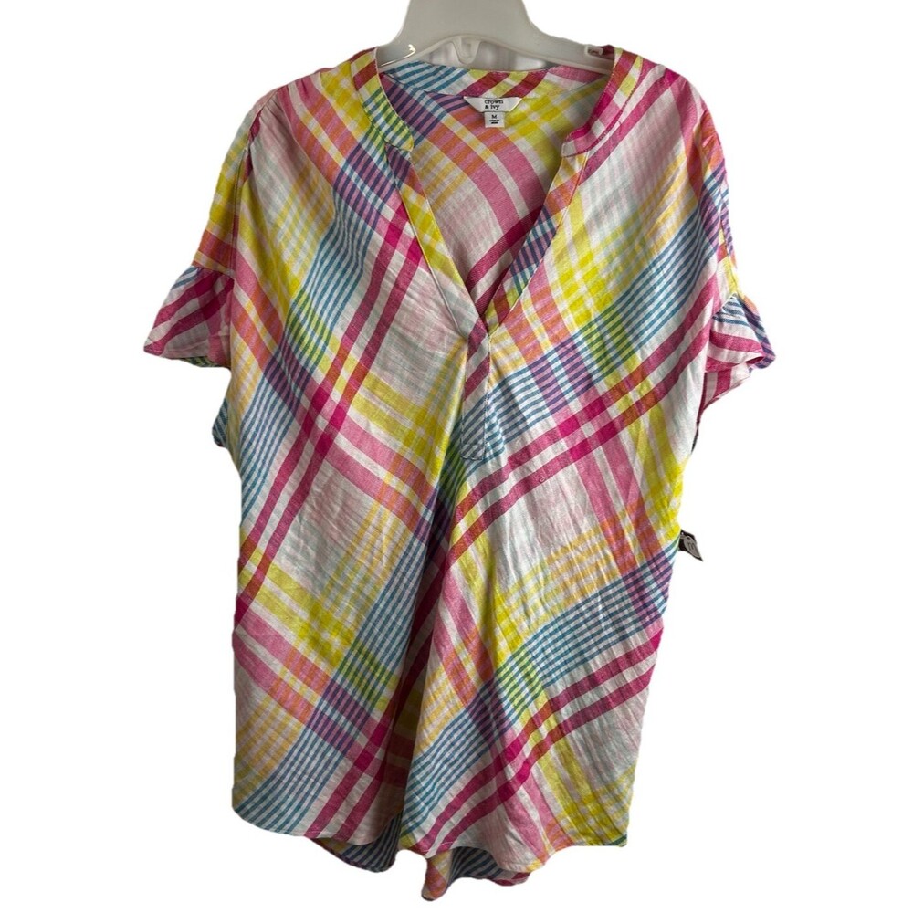 Crown Ivy Linen Womens M Top Colorful Plaid Womens  Flutter Sleeve Blouse Shirt